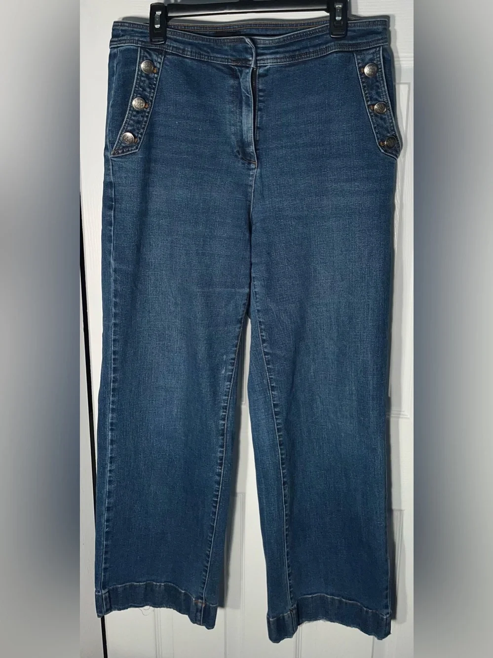 Women’s Talbots High Rise Wide Leg Sailor Jeans Dark Fleet Wash Button Size 14